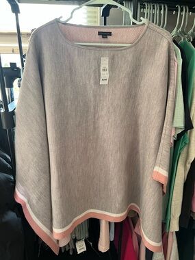 Ann Taylor Taupe Poncho Sweater with Pink & White Trim